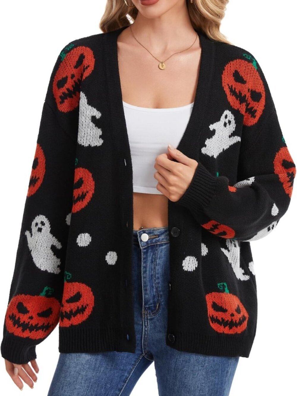 Cozy Women's Halloween Pumpkin Ghost Open Front Cardigan Sweater, Button Knit